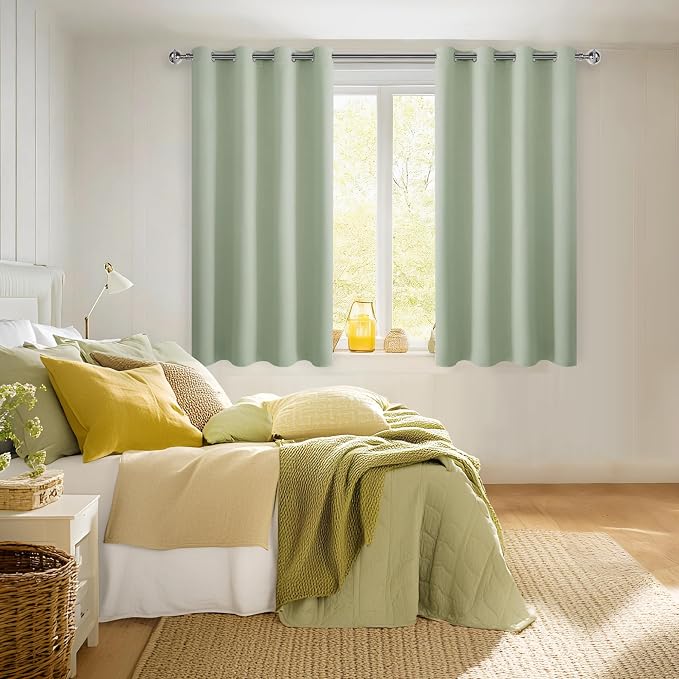 Hiasan Blackout Curtains for Bedroom - Thermal Insulated & Light Blocking Window Curtains for Living Room/Kids Room, 2 Drape Panels Sewn with Tiebacks, Seafoam Green, 52 x 45 Inch