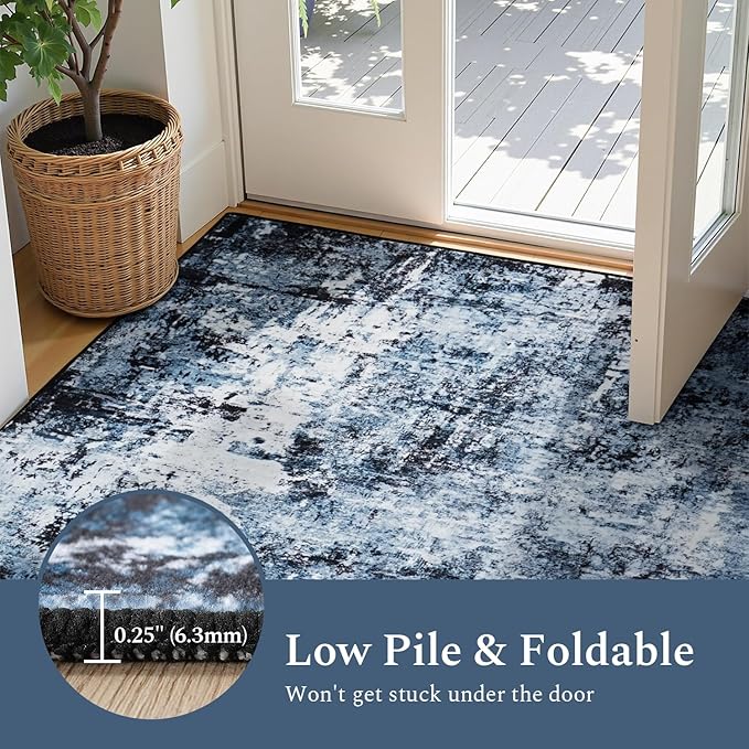 Rugflix 3x10 Runner Rug for Hallway, Washable Navy Blue Long Runners | Machine Washable; Stain-resistant; Low Pile; Non-slip; Modern Abstract; Black Carpet for Entrance Kitchen Hallway Home