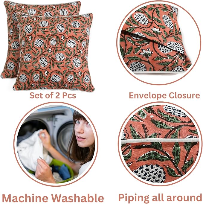 Ridhi Block Print Dark Salmon Pink Pillow Cover 24" x 24" (Pack of 2) Decorative Couch Pillows for Living Room, Chic Boho Cute Outdoor Pillows Covers Gifts for Spring, Easter and Valentine