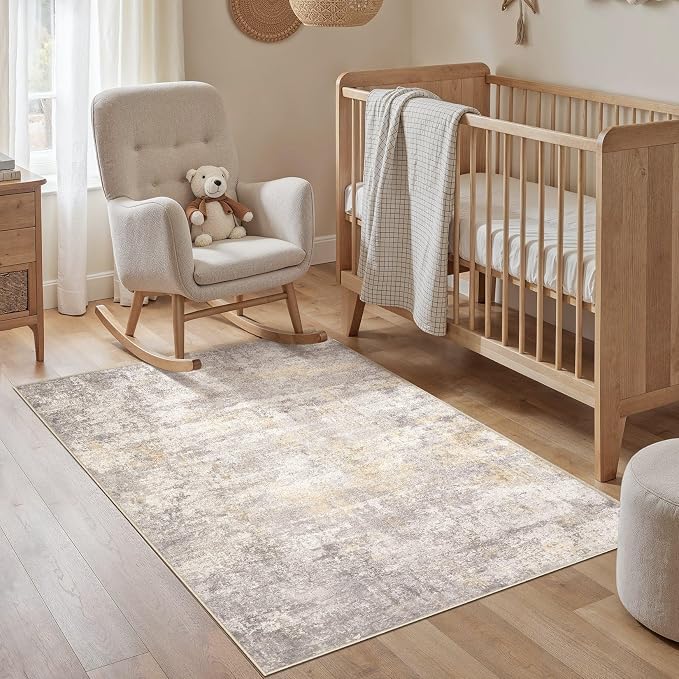 cotiled 3x5 Washable Rug Abstract Soft Non Slip Entryway Rugs | Stain Resistant, Robot Vacuum & Pet Friendly, Low-pile, For Living Room, Bedroom, Dining Table, Nursery Gold/Grey/Brown