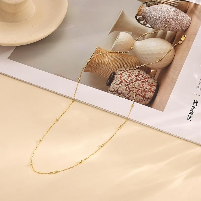 Carffordo 925 Sterling Silver Chain Necklace 16K Gold Plated Beaded Chain Necklace for Women Simple Dainty Choker Necklace Satellite Waterproof Link Necklace Trendy Jewelry Gifts