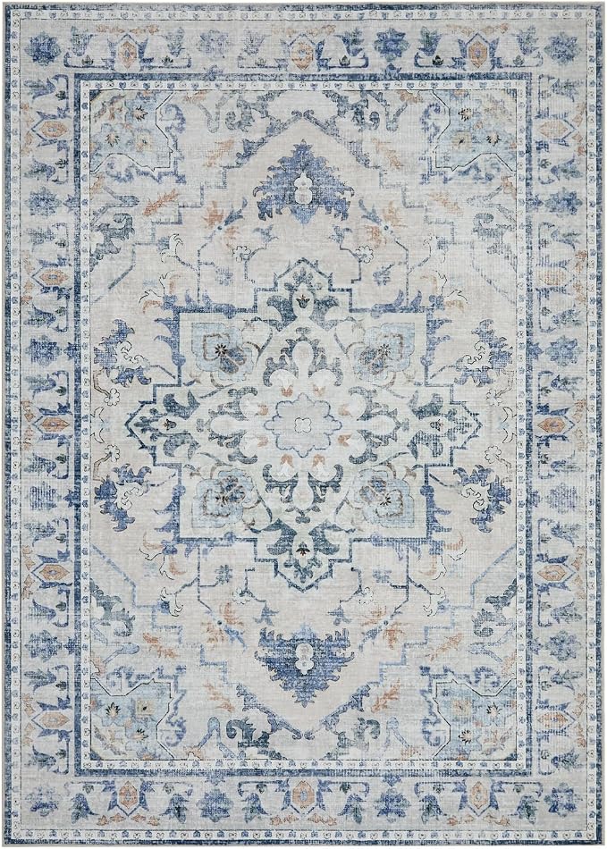 Joydeco 4x6 Area Rugs for Living Room, Non Slip Machine Washable Vintage Rug, Low Pile Chenille Print Rugs for Bedroom, Dining Room, Home Office, Pet & Child Friendly, Blue&Grey