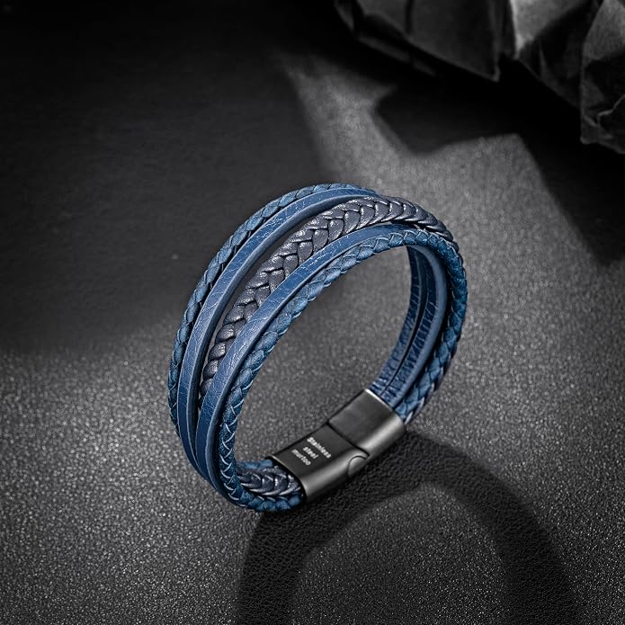 murtoo Mens Leather Bracelet with Clasp Cowhide Multi-Layer Braided Leather Mens Bracelet