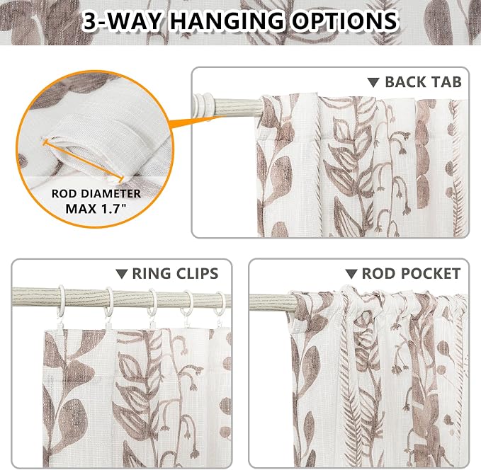MEETSKY Brown Sheer Curtains 72 Inches Long 2 Panels Boho Curtains for Living Room Light Filtering Patterned Drapes for Bedroom Linen Style Back Tab Leaf Print Window Treatment