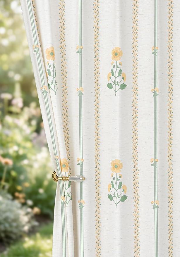 THREE GIRLS Floral Pinch Pleated Light Filtering Curtains 108 Inches - Printed Linen Blend Drapes for Living Room, Bedroom, Dining, Modern Farmhouse with Hooks, 2 Panels Set, 40" W x 108" L Yellow