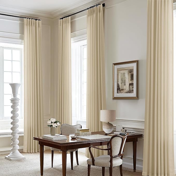 Beige Linen Semi Sheer Curtains 96 Inches Long Pinch Pleated Curtain | for Living Room Bedroom Dining Room, Memory Shape Trained, Pinch Pleat Drape, 96 Inch Length, Boho, Back Tab Curtain, 1 Panel