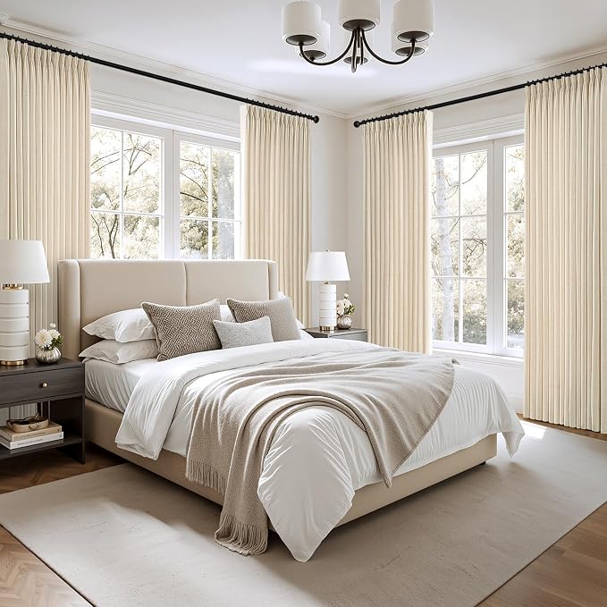 MIULEE Pinch Pleated Thick Linen Curtains 84 Inch 4 Panels Set Back Tab Memory Trained Pinch Pleat Semi Sheer Light Filtering Privacy Let Light in Window Drapes for Living Room Bedroom Warm Beige
