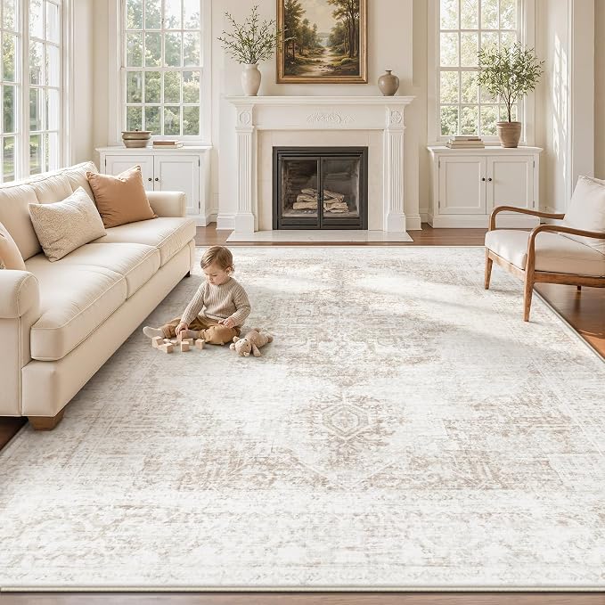 9X12 Area Rugs for Living Room, Washable Rugs Beige Vintage Medallion Non-Slip Soft Low Pile Rug Large Indoor Retro Carpet for Bedroom Dining Room Home Office Nursery Room(Beige,9'x12')