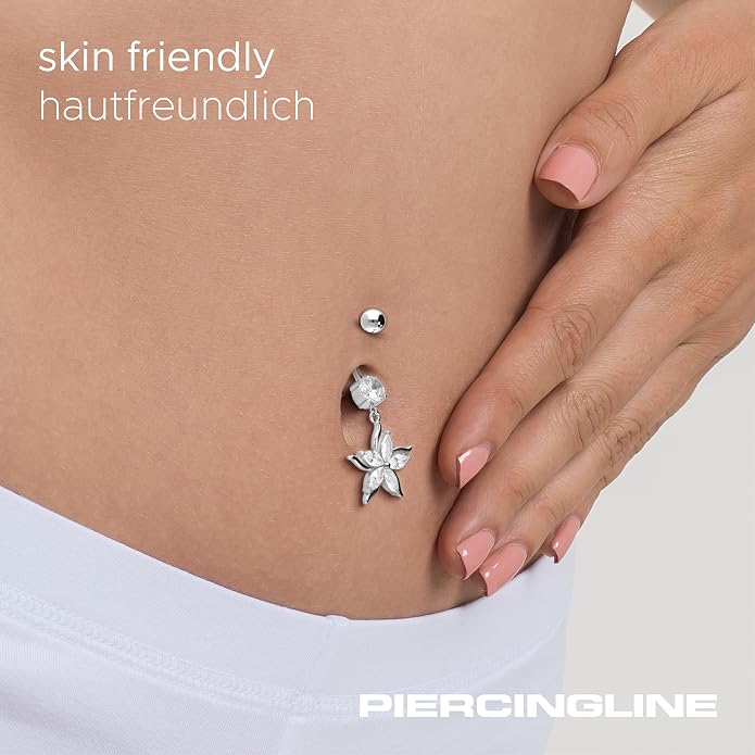 PIERCINGLINE Belly Button Piercing CRYSTAL FLOWER PENDANT surgical steel, safe