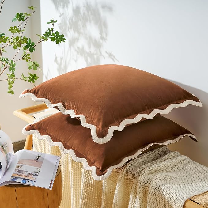 MONDAY MOOSE Decorative Throw Pillow Covers Cushion Cases, Set of 2 Soft Velvet Scalloped Wavy Edge Designs, Mix and Match for Home Decor, Pillow Inserts Not Included (20x20 inch, Beige/Brown)