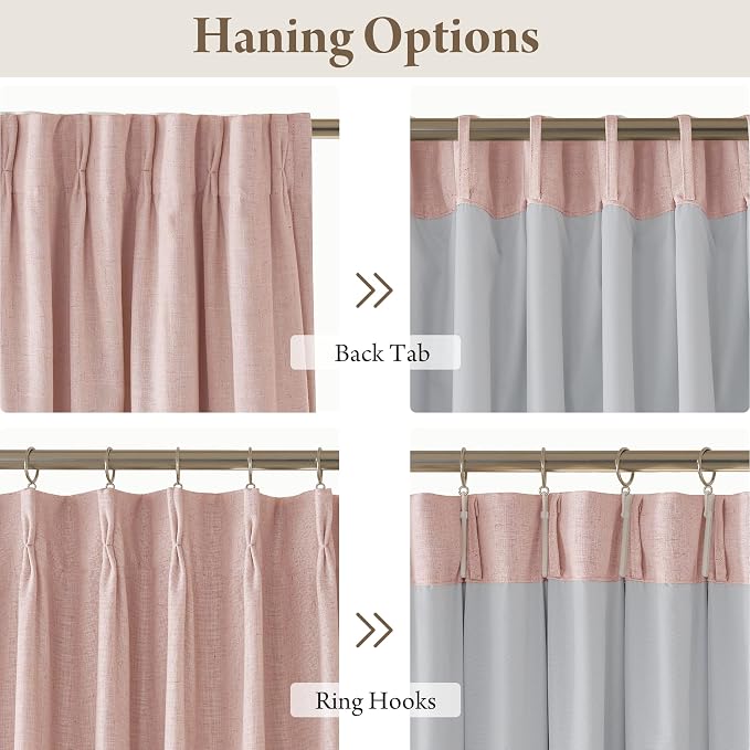 RYB HOME Natural Pinch Pleated Linen Curtains, 100% Blackout Thermal Insulated Double Layer Textured Curtains for Sliding Glass Door Picture Window, Pink, 40" W x L90 L, 2 Panels Set
