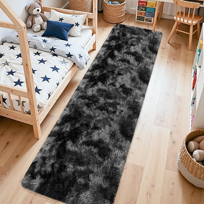 2x10 Feet Tie-Dye Black Grey Runner Rug for Bedroom Bedside, Soft Fluffy Long Shag Carpet Runner for Hallway, Machine Washable Rug for Living Room, Kids Room Boys, Dorm, Nursery, Home Decor