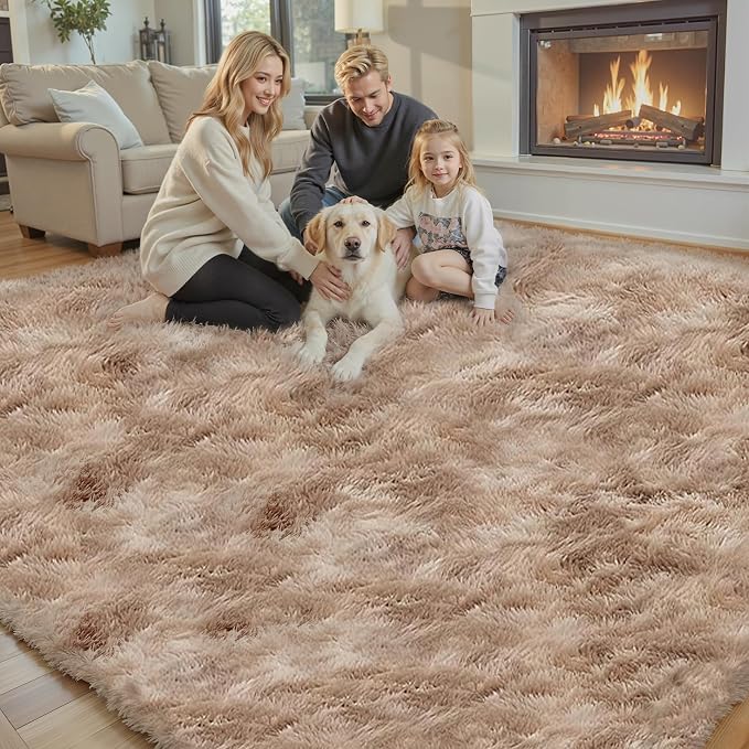 Area Rugs 10x14 Living Room, Shaggy Carpet Soft Plush Furry Bedside Rug Large Area Rugs for Bedroom Home Decor Anti Slip(10 x 14, Dark Beige Tie-Dyed)