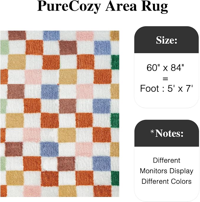 PureCozy Checkered Rug 5x7 for Living Room, Modern Neutral Shag Rug Super Soft Washable Indoor Fuzzy Carpet Non-Slip Fluffy Rugs for Bedroom Home Aesthetic Decor
