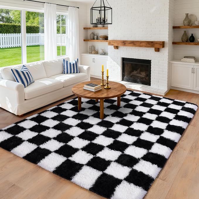 Pionblank 9x12 Area Rug, Large Fluffy Checkered Rugs for Living Room, Shag Rug for Bedroom, Soft Non Slip Shag Carpet for Kids Room Nursery Home Decor, Black and White