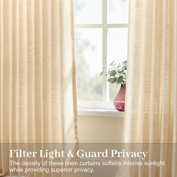 IVAPUPU Sheer Curtains 84 Inches Long for Living Room, Pinch Pleated Linen Blend Curtain Rustic Textured Light Filtering Back Tab Drapes with Hooks Rings for Bedroom Dining Room, Sand Beige, W40xL84
