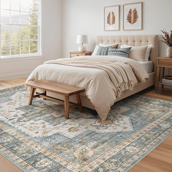 Tortania Area Rug Living Room Rugs - 6x9 Washable Boho Rug Vintage Oriental Distressed Farmhouse Large Thin Indoor Carpet for Living Room Bedroom Under Dining Table Home Office - Muted Teal