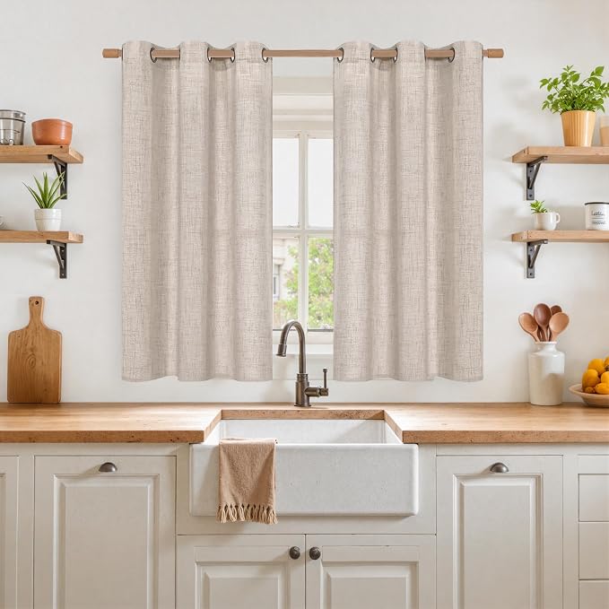 YoungsTex Linen Semi Sheer Curtains 45 Inch Length 2 Panels with Grommet | Short Light Filtering Drapes Natural Textured for Bedroom Bathroom Window, 2 Panels, 42 X 45 Inch