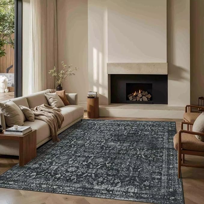 Rugxara Black Rug 5x7 Area Rugs Washable Rug for Living Room Bedroom | Non Slip, Rug for Dining Room Office Farmhouse Dorm, Stain Resistant, Soft, Vintage Boho Retro Carpet, Low Pile, Home Decor