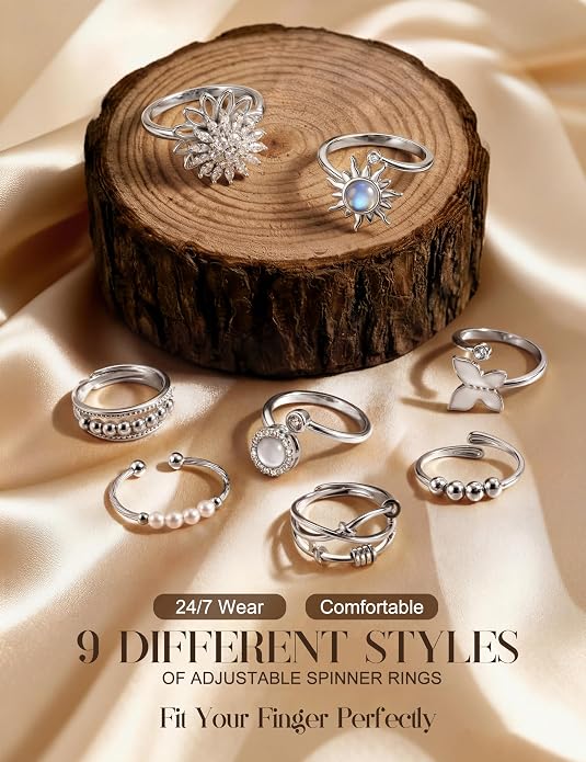 FIBO STEEL Fidget Anxiety Rings for Women - 8Pcs 14K Gold Plated Spinner Adjustable Rings Stress Relief Open Ring Stacks CZ Sun flower Butterfly Bead Evil Eye Non Tarnish Ring Set