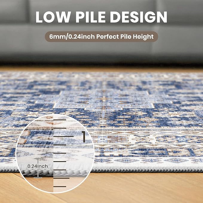 zesthome 8ft Round Rugs for Living Room, Non-Slip Washable Round Area Rugs, Ultra-Thin Large Circle Rugs, Soft Low Pile Rug for Bedroom, Kitchen - Vintage Stain Resistant Round Rug (Blue/Beige,8'x8')