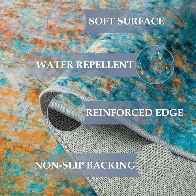RELEANY Washable Area Rugs 4'x6' Non-Slip Modern Abstract Soft for Living Room Entryway Bedroom Kitchen, Print Pattern, Teal Blue Green Orange Rust Red Coloreful
