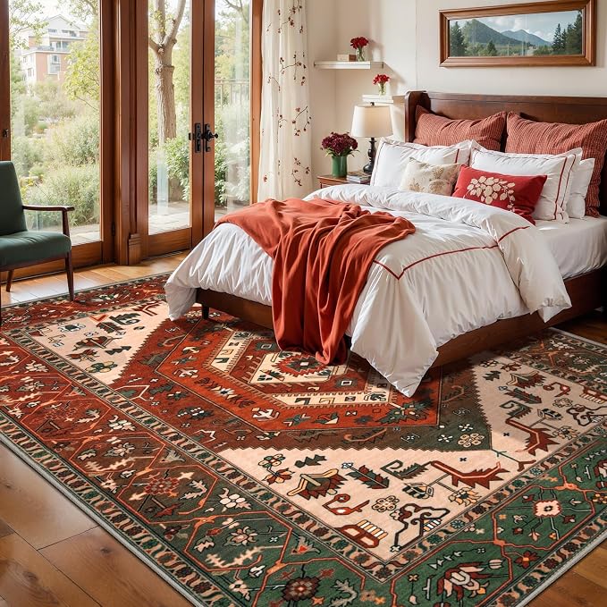 SERISSA 5x7 Boho Area Rug, Washable Non-Slip Rugs for Living Room, Large Terracotta Green Rug Ultra Soft Vintage Oriental Print Distressed Carpet for Bedroom Dining Room Dorm Office Home Decor