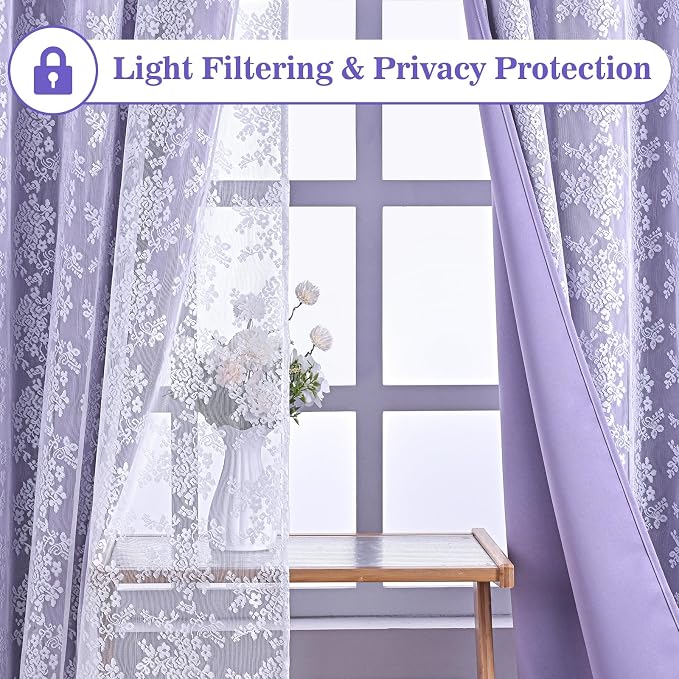 Yinhua Purple Blackout Curtains for Bedroom Double Layer Nursery Curtains for Living Room 63 Inch Length 2 Panels Set Kid Curtain with Floral Sheer Overlay, Grommet Drapes with Tiebacks, 52" W x 63" L