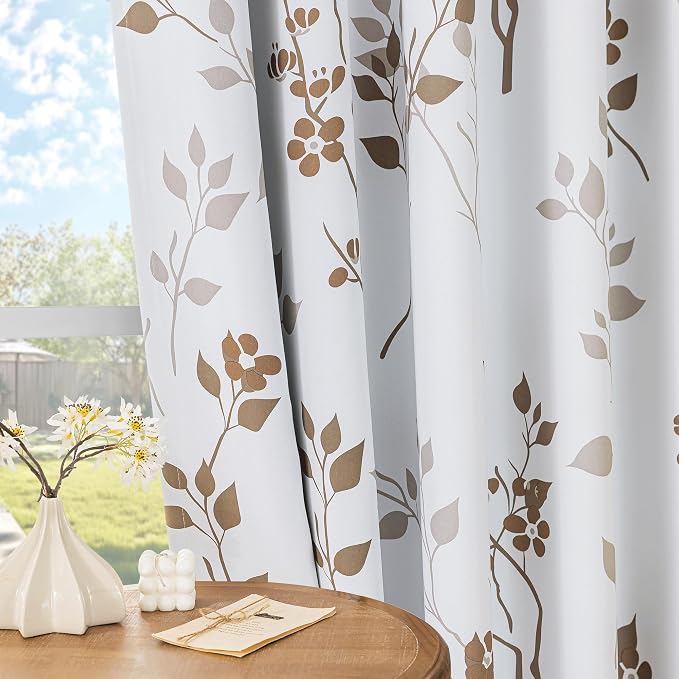 Beauoop Floral 100% Blackout Curtains for Bedroom Tan Brown 52X72 2 Panels | Flower Patterned Brown White Room Darkening Drapes for Living Room Thermal Insulated Soundproof Window treatment Grommet