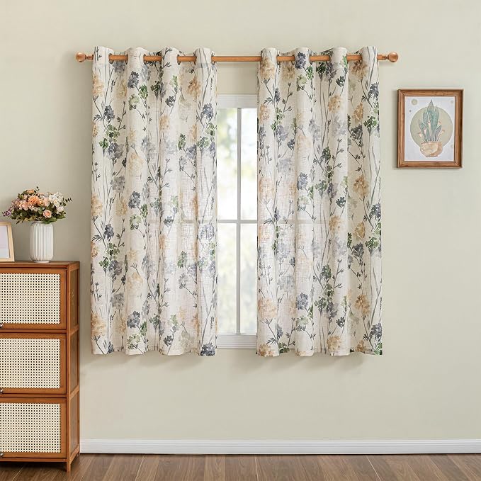 MYSKY HOME Sage Green Floral Linen Spring Curtains 63 inch Long 2 Panels Set Semi Sheer Light Filtering Farmhouse Flower Pattern Grommet Top for Living Room Bedroom, 52" W Each Panel
