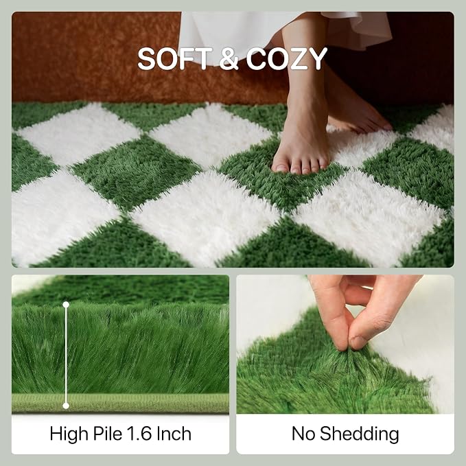 GENIMO Checkered Rug 8x10 Area Rugs for Kids Bedroom Soft Shag Rug Fluffy Fuzzy Carpet Plush Rugs for Living Room Nursery Playroom Dorm Modern Home Decor Aesthetic, Green and White