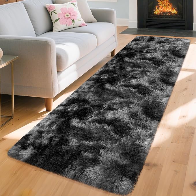 2x8 ft Plush High Pile Black Tie-Dyed Rug Fluffy Soft Runner Bedside Rug for Bedroom Living Room Hallway Nursery Kids Home Decor Shag Carpet