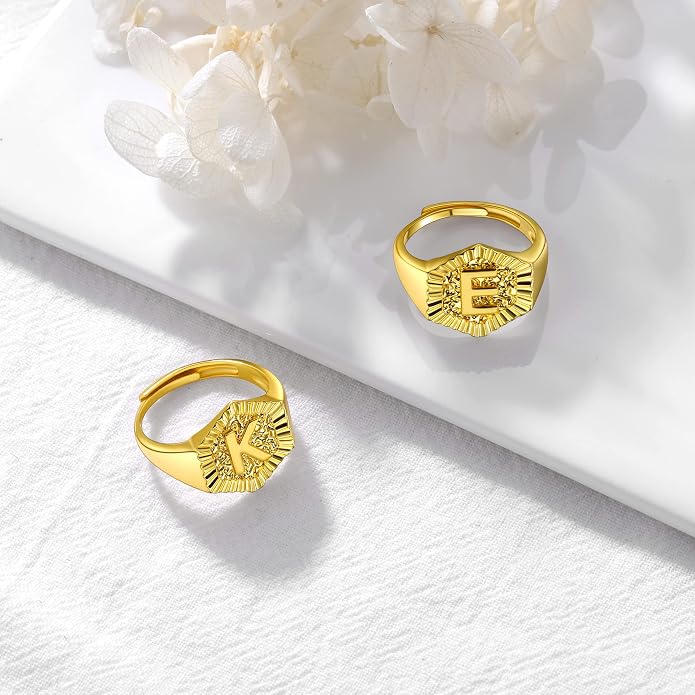 U7 Initial Ring Wedding Band for Men Women 18K Gold Plated Statement Hexagon A-Z Letter Jewelry Personalized Stackable Signet Rings