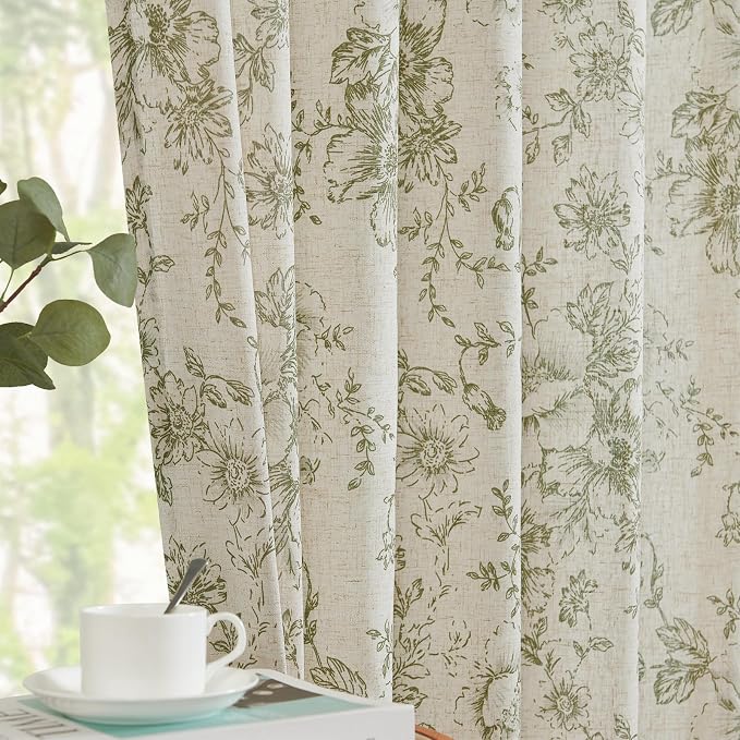 jinchan Green Floral Linen Curtains 84 Inch Farmhouse Back Tab 2 Panels | Light filtering drapes, semi sheer, farmhouse, cottagecore, rustic, living room, bedroom, rod pocket, window treatment