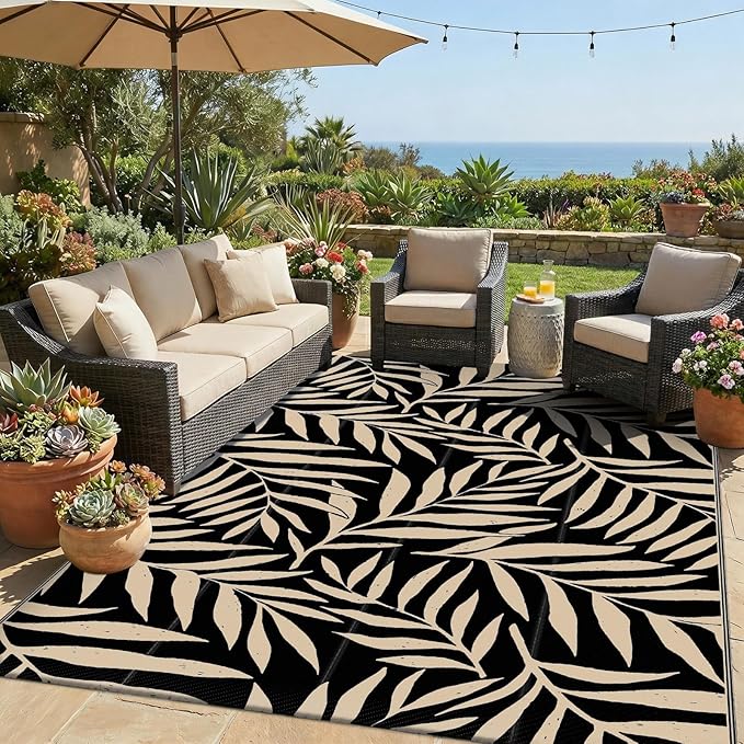 Smiry Outdoor Rug 5x8 ft, Waterproof Reversible Plastic Straw Rugs, Outdoor Area Rug with Leaf Pattern, Outside Floor Mat for Patio, Backyard, Deck, Picnic, Beach, Camping, Black & Beige