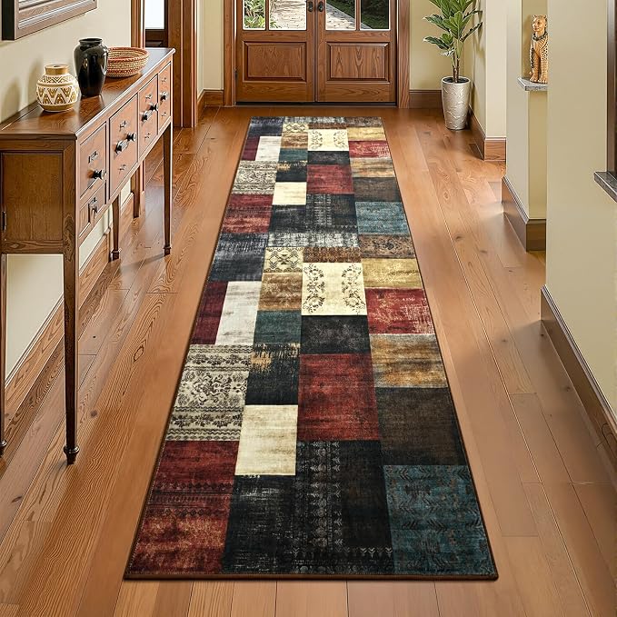 DweIke Runner Rug for for Hallways, 2'x6' Washable Kitchen Rugs with Non Slip Rubber Backing, Soft Low Pile Non-Shedding Geometric Carpet for Laundry Bedroom Bathroom, Colorful