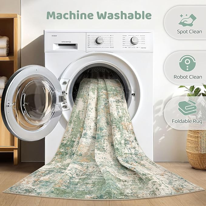 3x5 Rug for Living Room: Washable Large Abstract Soft Green Rugs Stain Resistant Indoor Floor Non-Slip Accent Carpet for Men Modern Home Enthusiasts Aged 25-45 - Bedroom Office Playroom