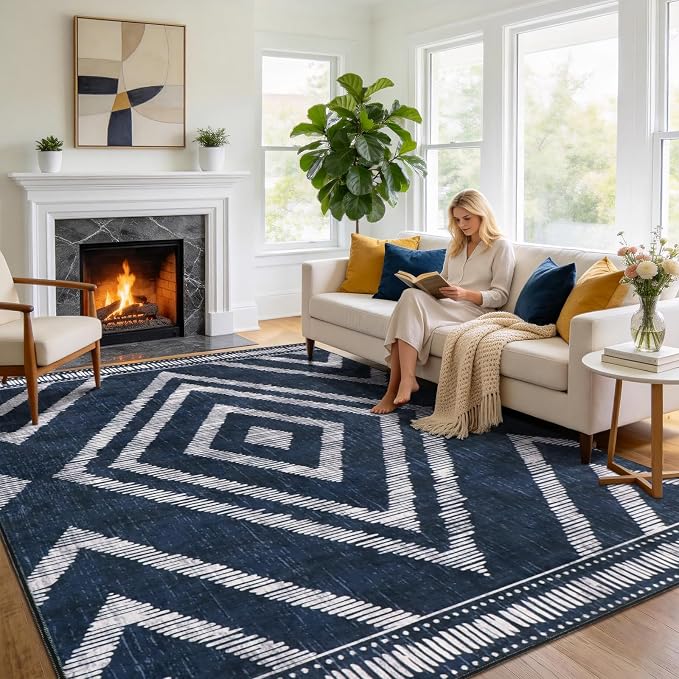 Boho Washable Rugs 6x9ft for Living Room, Navy Blue Low Pile Bedroom Area Rugs Non Slip, Moroccan Soft Kids Nusery Area Floor Carpets for Dining Room Playroom Kitchen Home Office Decor