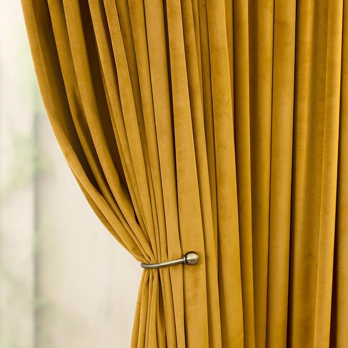 Halloween Warm Gold Velvet Curtains 72 Inch Length for Bedroom Living Room Darkening Drapes for Family Room Holiday Fete Back Loop Pocket Classic Privacy Panels for Summer Winter Mustard Yellow Golden