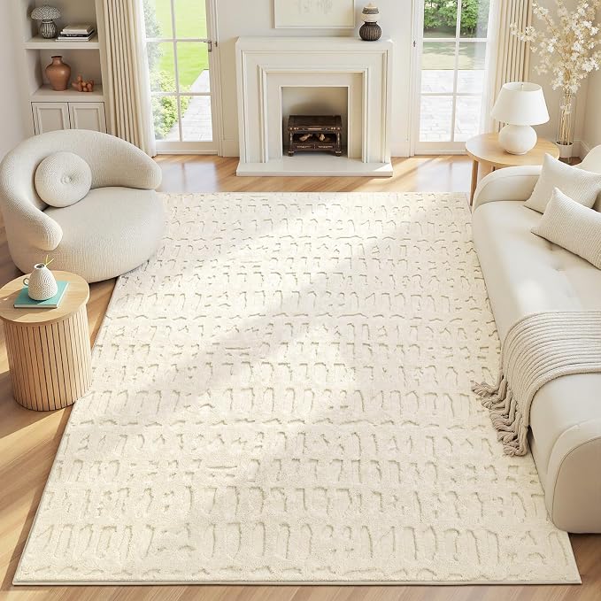 Yamaziot 5x7 Washable Area Rug, High-Low Grid Textured Living Room Rugs, Soft Fluffy Non-Slip Mats Stain Resistant Contemporary Boho Carpet for Dining Room, Kids Nursery Room, Bedroom, Office
