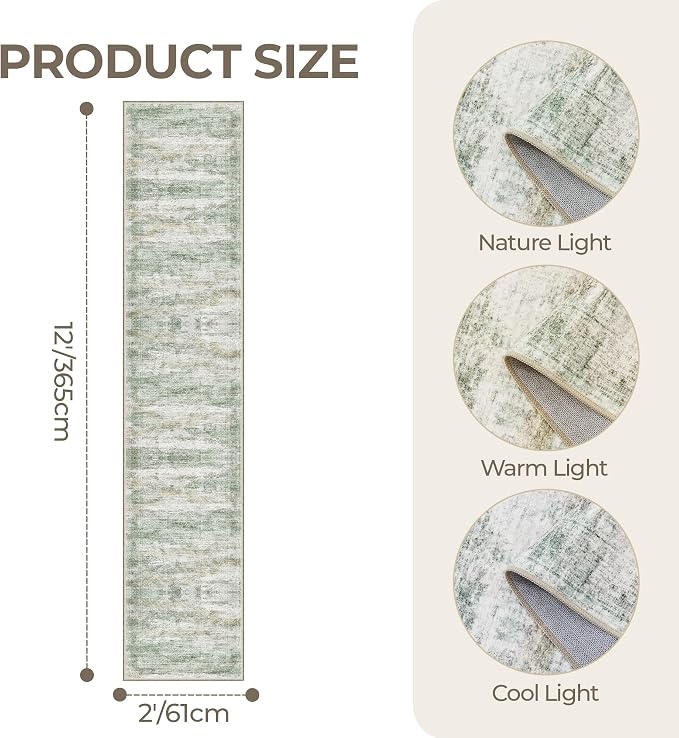2x12 Runner Rug Non Slip,Washable Hallway Runner Rug,Green | Long Neutral Rugs for Kitchen,Entryway,Bedroom,Bathroom,Laundry Room,Thin,Soft Runner Rug,Stain Resistant Indoor Carpet