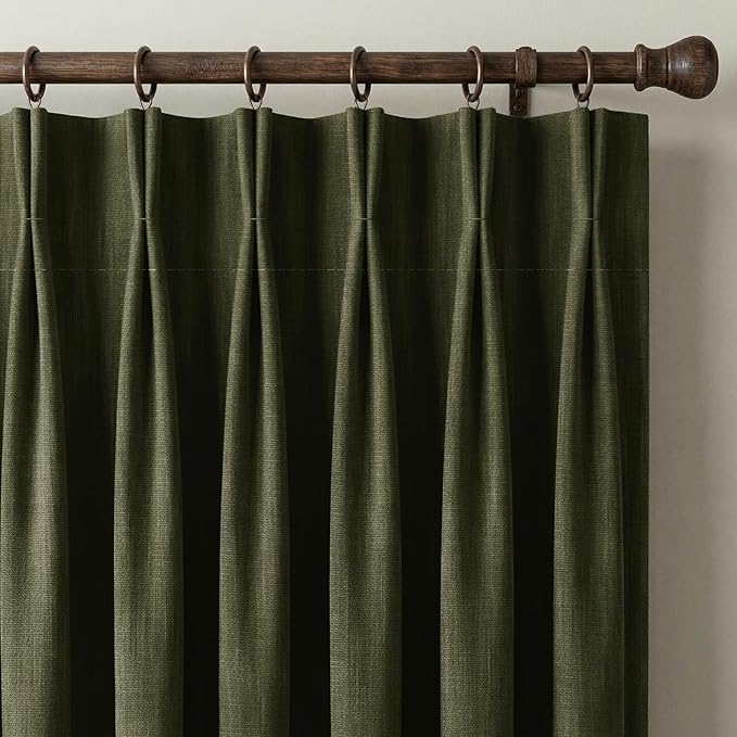 NICETOWN Extra Long Pinch Pleated Linen Curtains with Hooks 9 ft - Vintage Olive Green Blackout Floot to Ceiling Room Divider Drapes for Luxury Modern Wall Decor, W40 x L108, 2 Panels