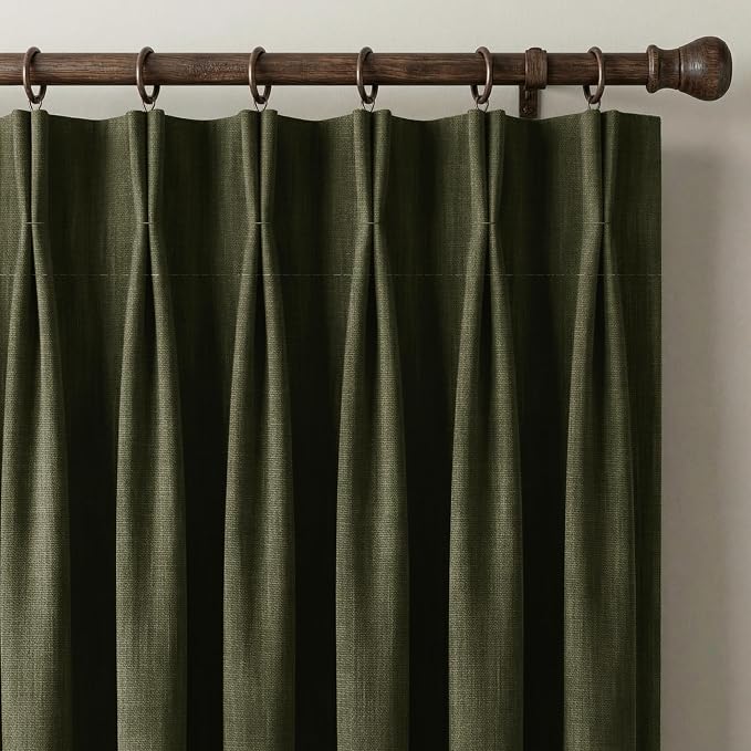 NICETOWN Pinch Pleat Vintage Olive Green Curtains 395GSM, 84" Long Faux Linen Drapery for Living Room, Double-Sided Thermal Insulated Textured Panels with Hooks (W40 Each Piece, Set of 2)