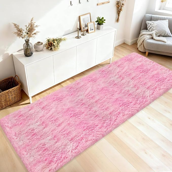 Fluffy Pink Shag Rug for Bedroom Girls 3x10 Runner Rug, Soft Pink Fuzzy Rug for Girls Room Bedside Living Room Hallway Plush Long Carpet Runner for Kids Room Nursery