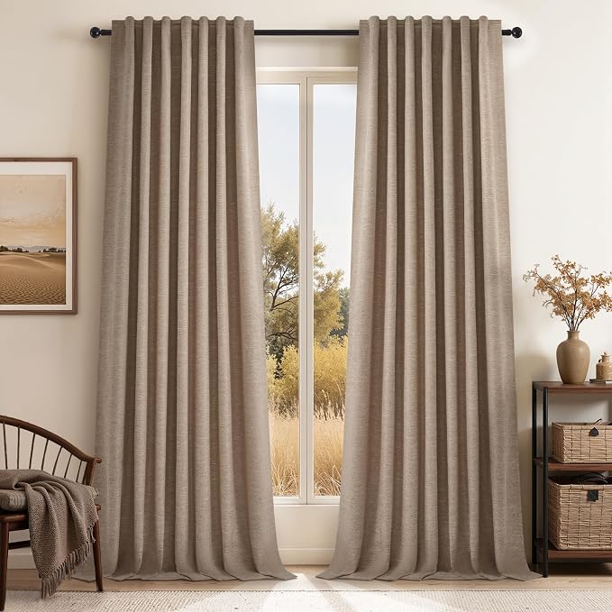 Topfinel Extra Long 132 Inch 100% Blackout Curtains for Livingroom Taupe Burlap Linen Blend Farmhouse Curtain Drapes Sound Proof Drapes Privacy Ceiling Track Villa Bedroom 11Ft(W52 xL132 2 Panels)