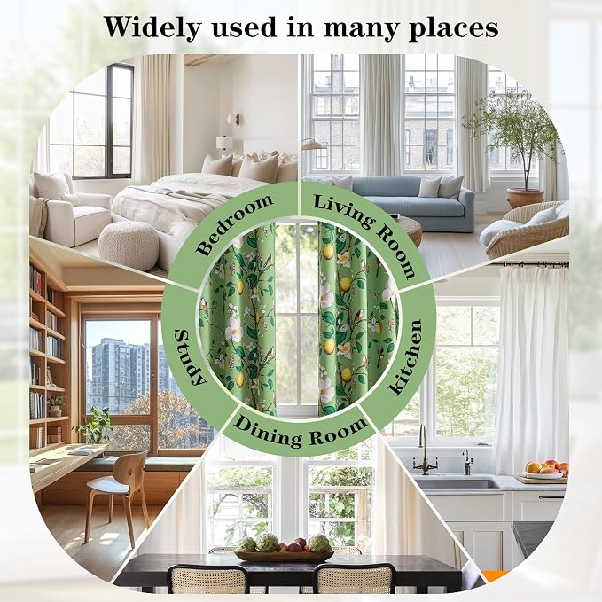 MYSKY HOME Floral Blackout Curtains 95 Inch Long for Living Room Vintage Farmhouse Room Darkening for Dining Room Bedroom Lemon Hummingbird Patterned Thermal Insulated Drapes, Pack-2, W52, Sage Green