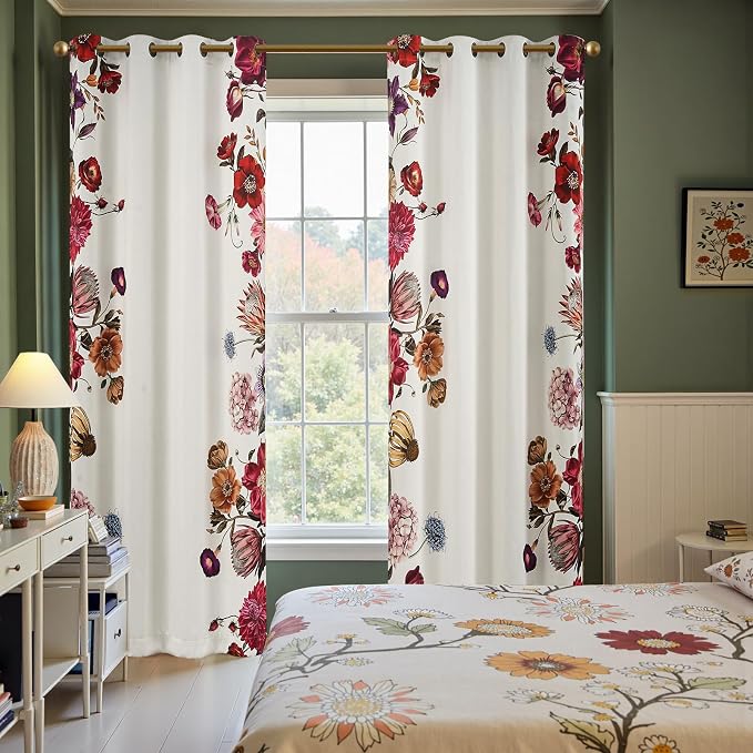 jinchan Beige Floral Blackout Curtains 96 Inch Vintage Grommet 2 Panels | Room darkening, privacy, vibrant flower print, retro boho bohemian drapes, bedroom, living room, fall decor, window treatment
