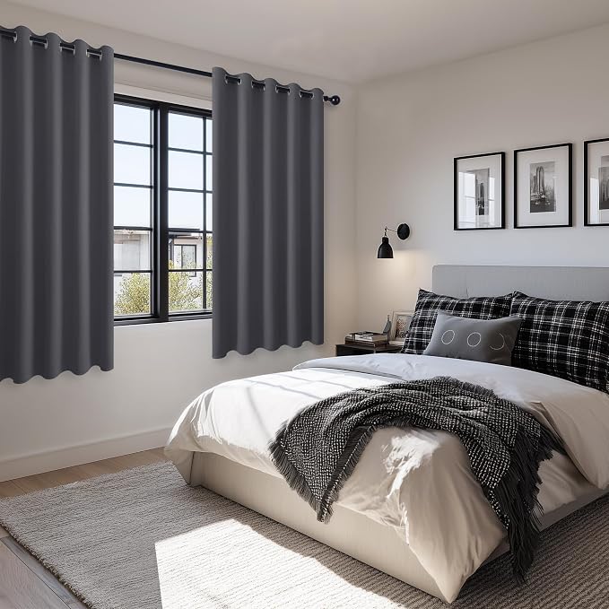 Hiasan Blackout Curtains for Bedroom, 60 x 63 Inches Length - Thermal Insulated & Light Blocking Window Curtains for Living Room, 2 Drape Panels Sewn with Tiebacks, Dark Grey
