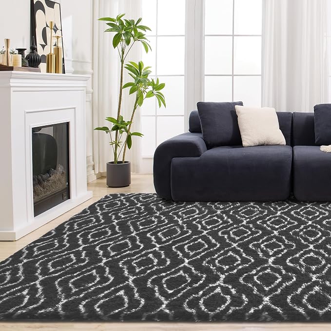 Fluffy Rug for Bedroom, Soft 6x9 Grey Shag Plush Geometric Area Rugs | Modern Grey and White Rug, Non Slip Carpet for Living Room, Aesthetic Home Decor, Fuzzy Floor Mat for Nursery Teen Dorm