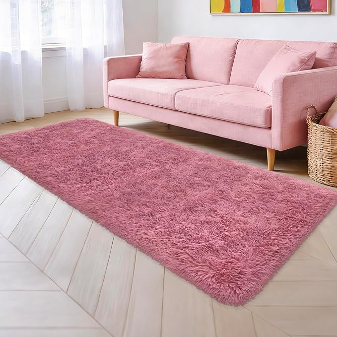 Soft Runner Rug for Bedroom Living Room, 2x6 ft Fluffy Blush Pink Rug for Bedroom Girls Room, Washable Girls Fuzzy Rugs for Kids Room Bedside Nursery Dorm Pink Shag Carpet Runner for Hallway